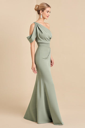 Matcha One Shoulder Mermaid Long Satin Bridesmaid Dress